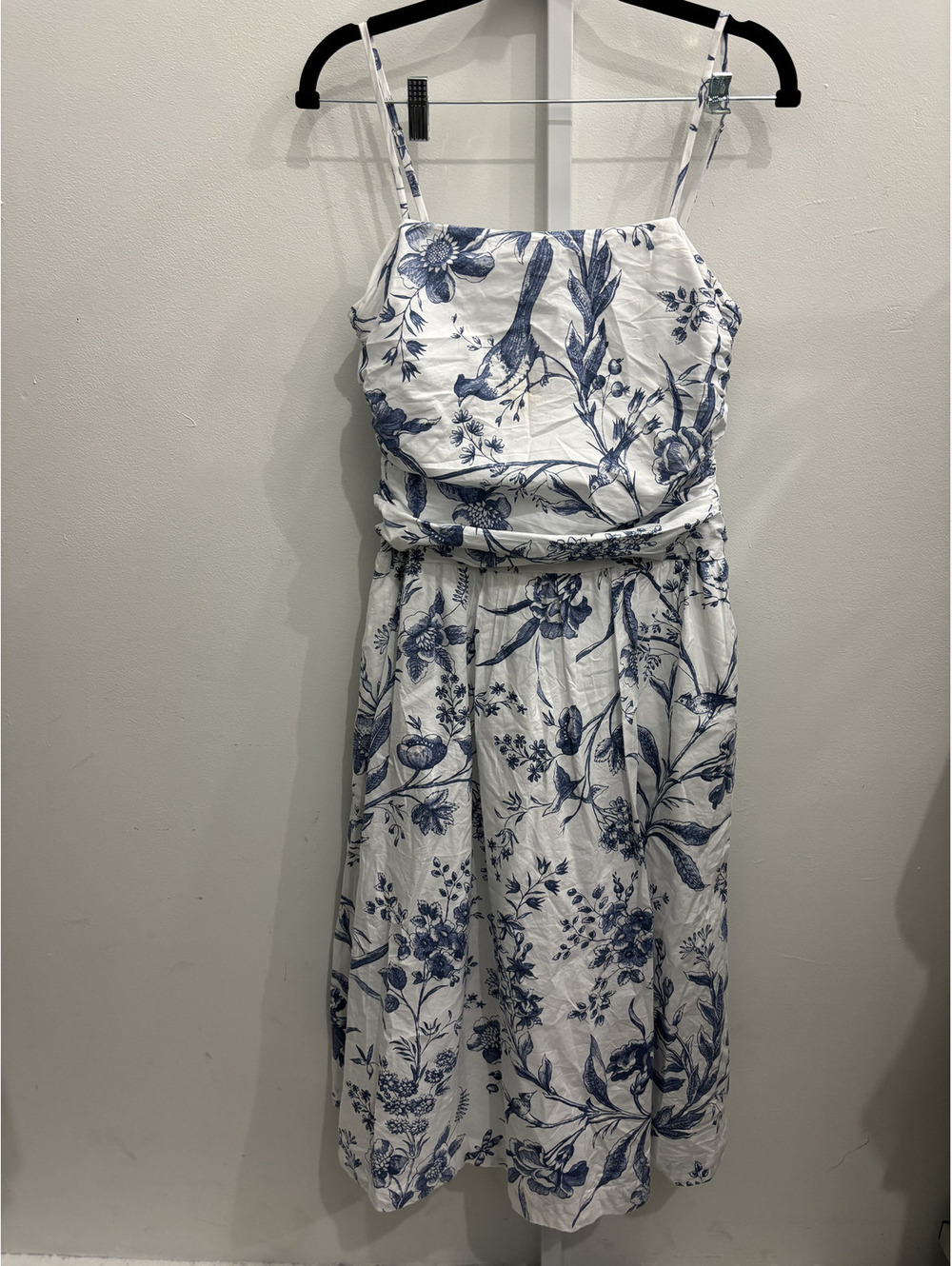 LOFT Blue and White Floral Ruched Midi Dress